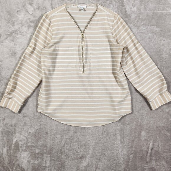 Calvin Klein Oversized Shirt Striped Beige Half Zip Women's Size M - Picture 1 of 10